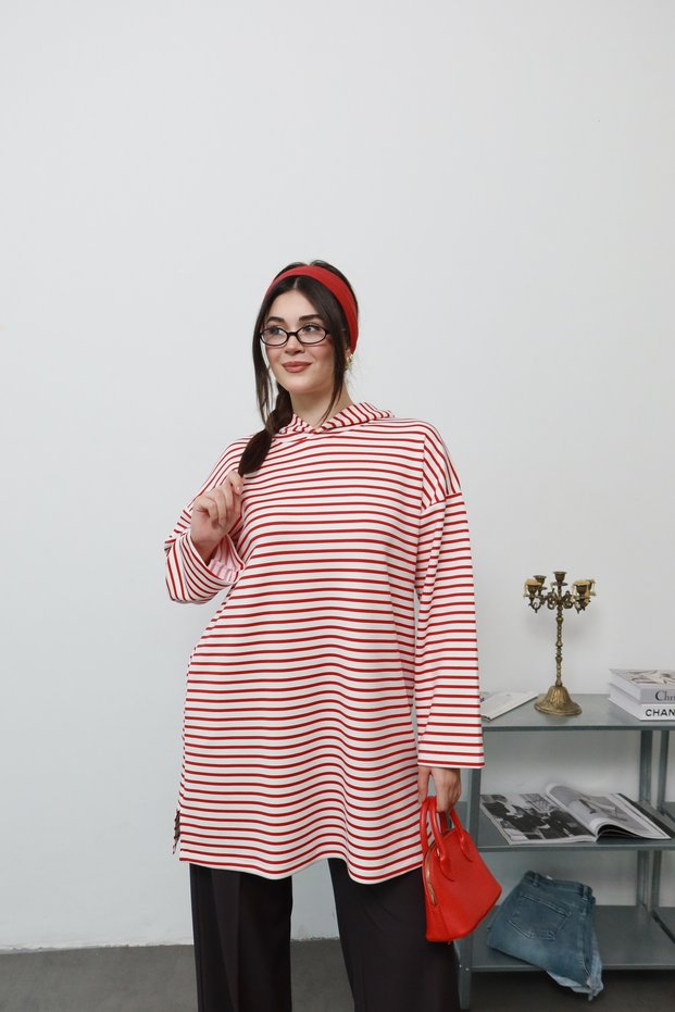 Red Striped Hooded Sweatshirt