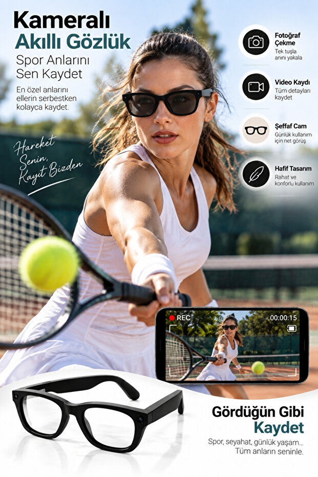 Smart Glasses with Camera Smart Sunglasses Black Technological Design Sports Glasses -