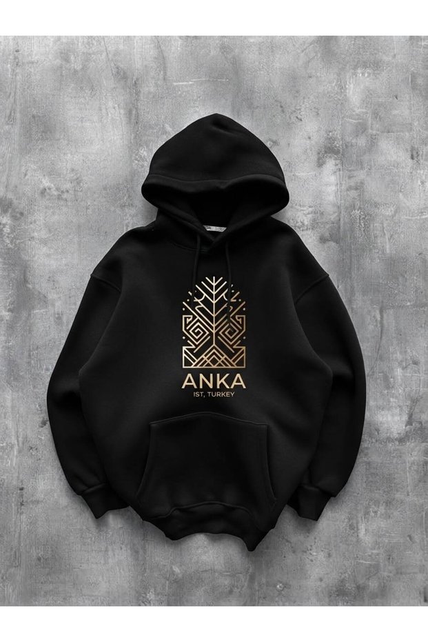 Unisex Oversize 3 Thread Yarn Kangaroo Pocket Hooded Sweatshirt with "Geometric Motif and Text" Print