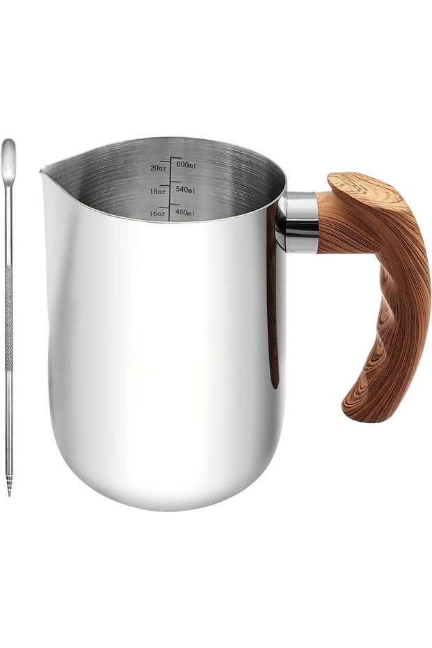 Stainless Steel Dairy Frothing Pitcher with Latte Art Pen,20oz Steaming Cup with Heat-Resistant Wood Handle and Internal Scale
