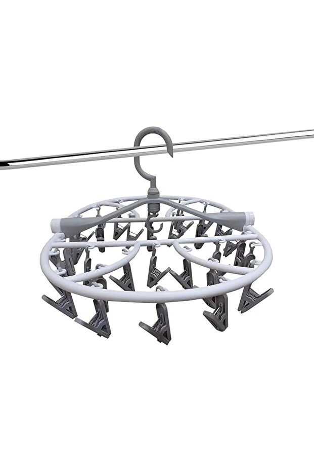 Foldable Laundry Drying Rack with 32 Clips,Windproof 360 Degree Swivel Hanger for Socks,Underwear and Baby Clothes,Gray