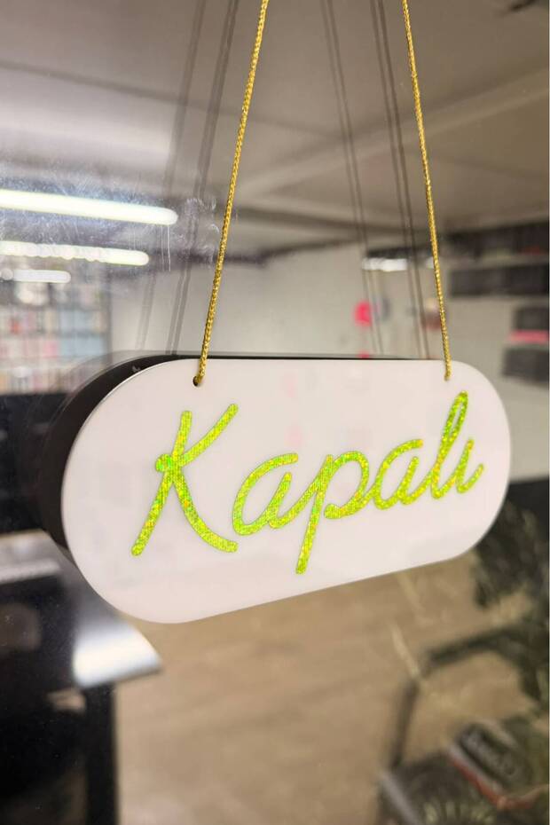Oval Plexiglass Open/Closed Sign with Suction Cup for Store, Shop, Boutique, Workplace, Plexiglass Open Close Sign, Stylish Design - White Glitter Pixel Hologram Lettering