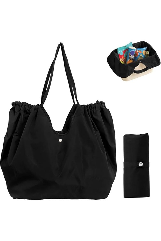 Reusable Foldable Grocery Bag, Stretchable Shopping Tote with Drawstring Closure, Waterproof, Durabl