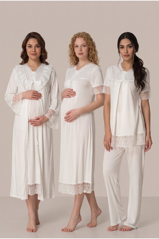 Women's Ecru Lace Long Sleeve Maternity Pajama Nightgown Set with Easy Nursing Feature