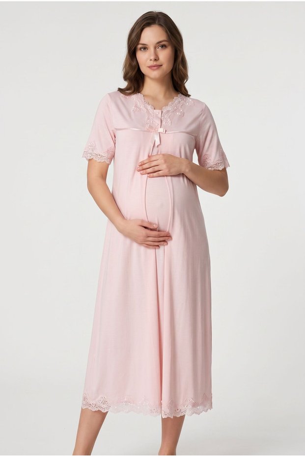 Women's Powder Lace Breastfeeding Detailed Maternity Nightgown Set