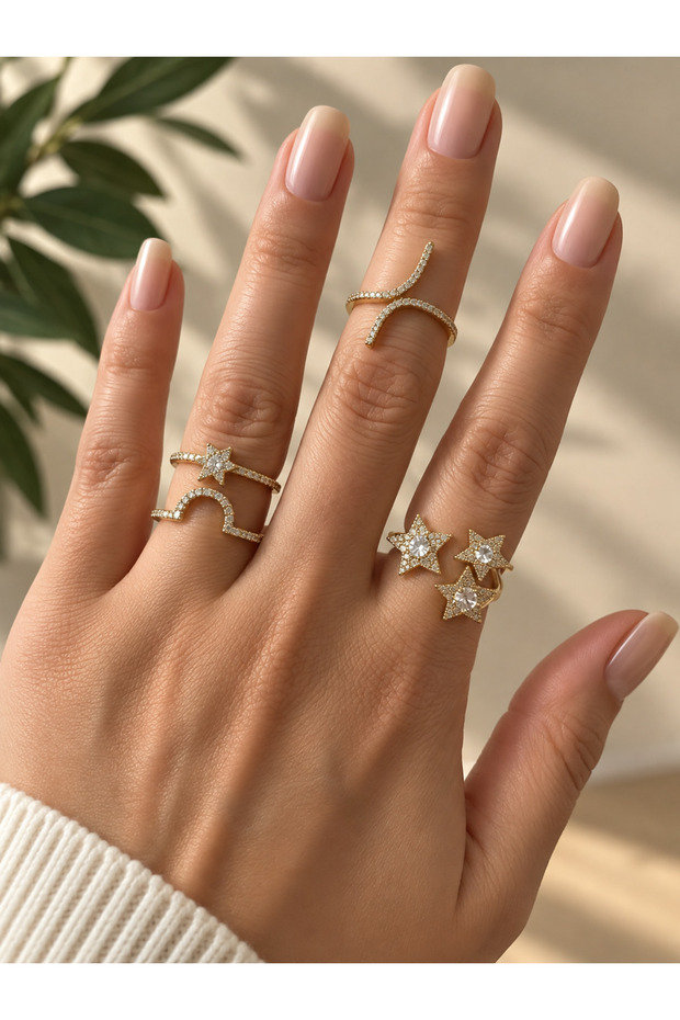 Luna Triple Adjustable Ring Set Women's Gold Plated Star Stone Stylish Elegant Sparkling Modern Daily Use Jewelry Combination Gift Option ✨ 💍