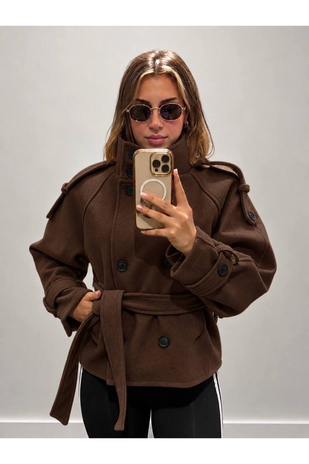 Women's Stand Collar Buttoned Waist-Tied Jacket Cashmere Coat