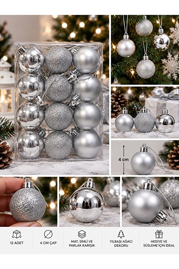 Christmas Pine Tree Ornament Silver 12-Pack 4cm Shiny Glitter Matte Mixed New Year Pine Tree Decoration