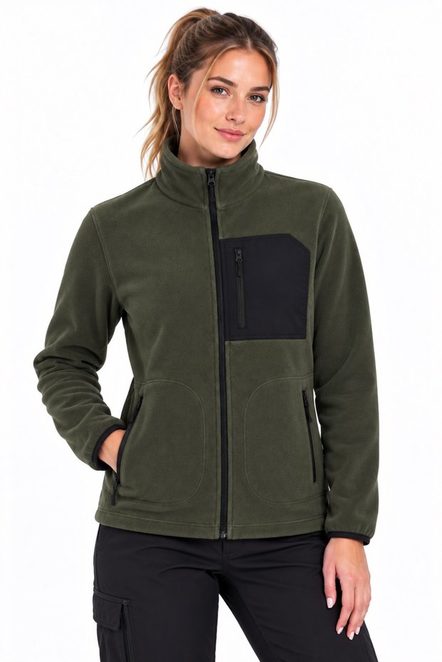 Women's Fleece Jacket with 3 Pockets, Detailed Front Panel, Ribbed Cuffs, Smoked Gray, Khaki, Navy Blue, Black