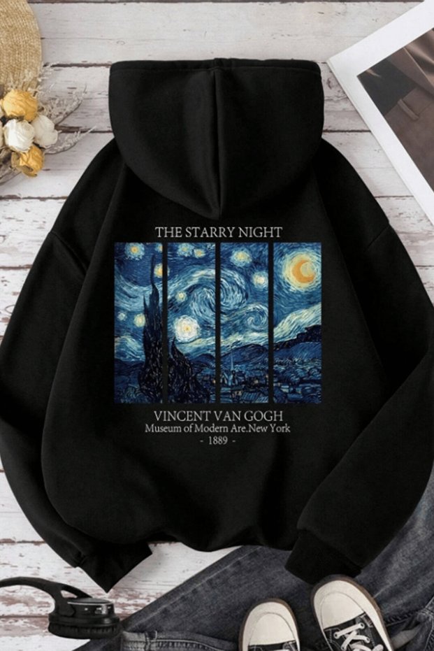 Men's 100% Cotton Black Xvngoghx Print Loose Fit Sweatshirt Hoodie