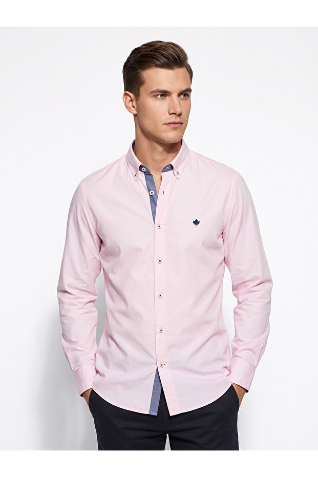 Men's Powder Pink Slim Fit Button down Collar Oxford Long Sleeve Shirt