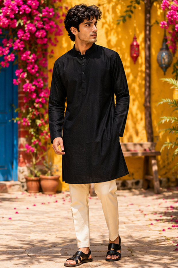 Mens Short Kurta Black