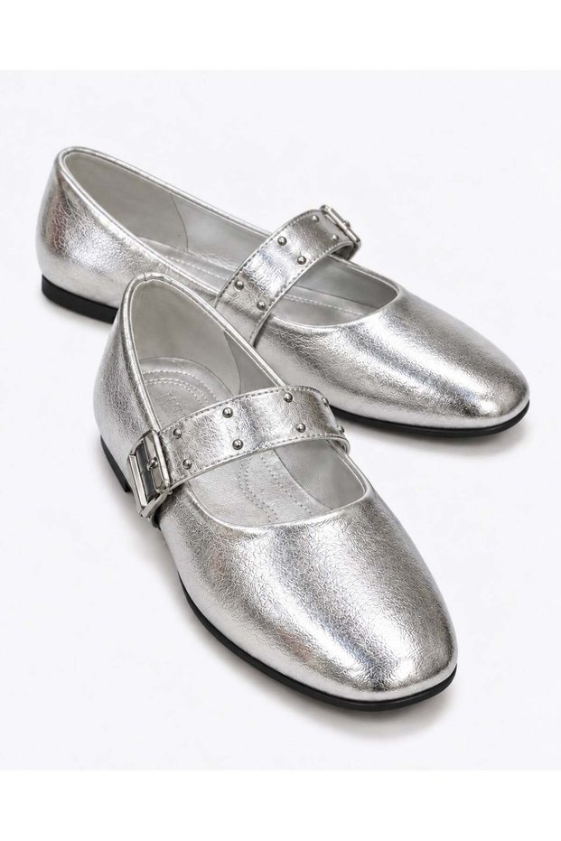 Women's Pin Buckle Elastic Ballerinas Silver Crinkled