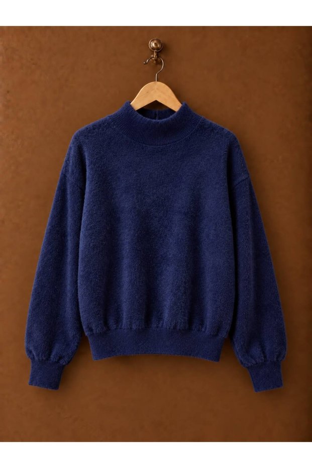 Navy Blue Furry High-Neck Knit Sweater