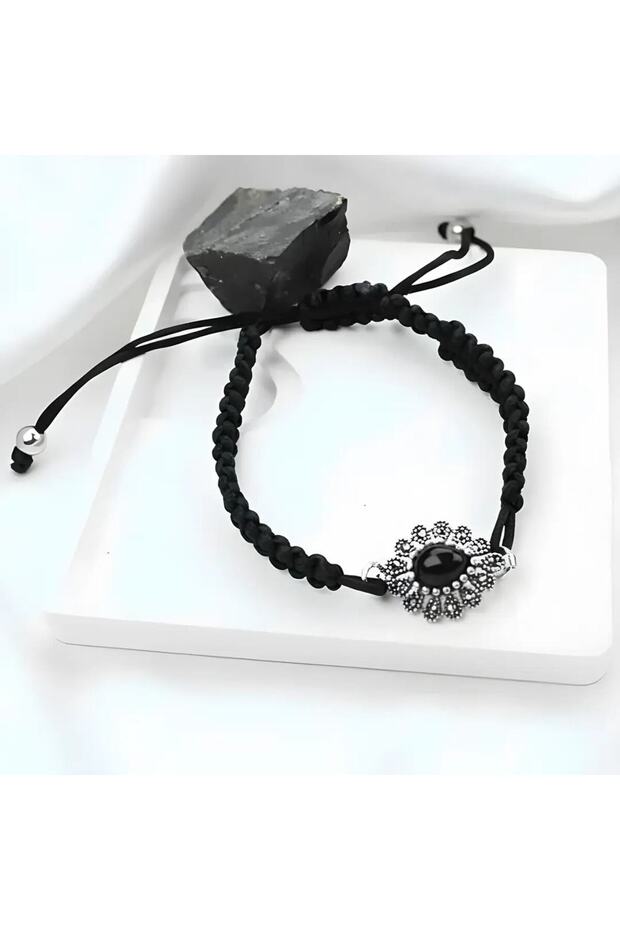 Feeling Oltu Stone Silver Frame Adjustable Bracelet