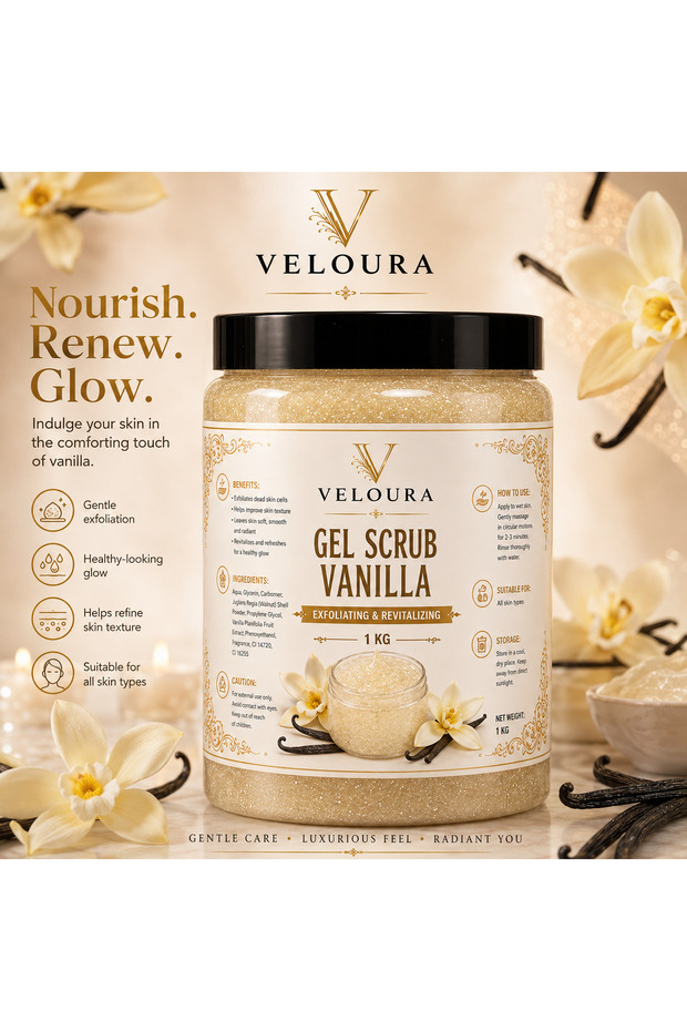 VANILLA GEL SCRUB 1KG – SWEET & COMFORTING EXFOLIATING BODY SCRUB FOR HANDS, FEET & BODY