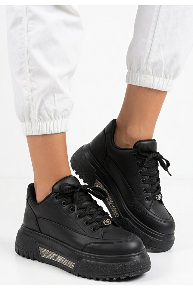 Luto Premium 5 cm Thick Sole Black Lace-Up Women's Sneaker