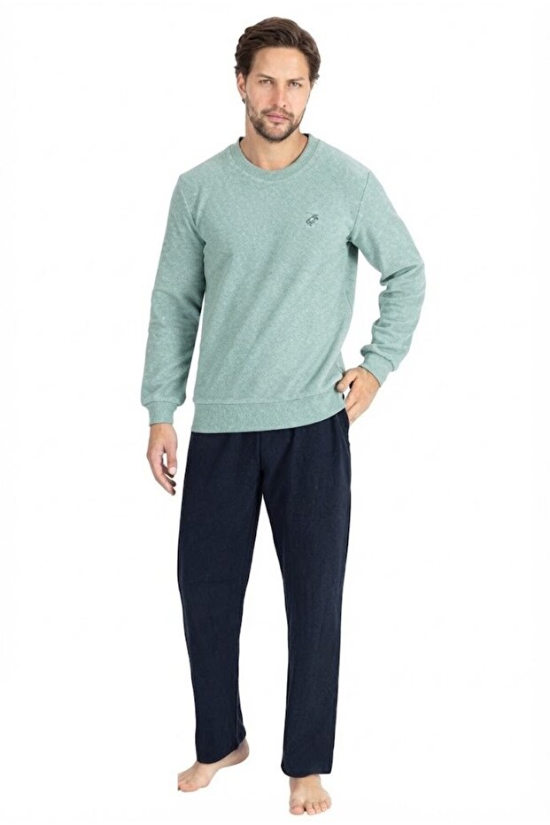 Men's 100% Cotton Mint Crew Neck Thessaloniki Woven Thick Winter Pajama Set