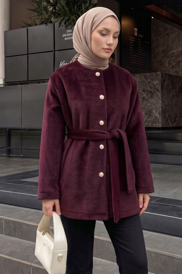 Buttoned Front Fox Fur Coat 50719 - Mürdüm