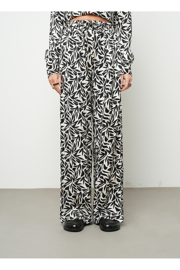Women's Leaf Patterned Black - White Wide Leg Pants with Elastic Waist