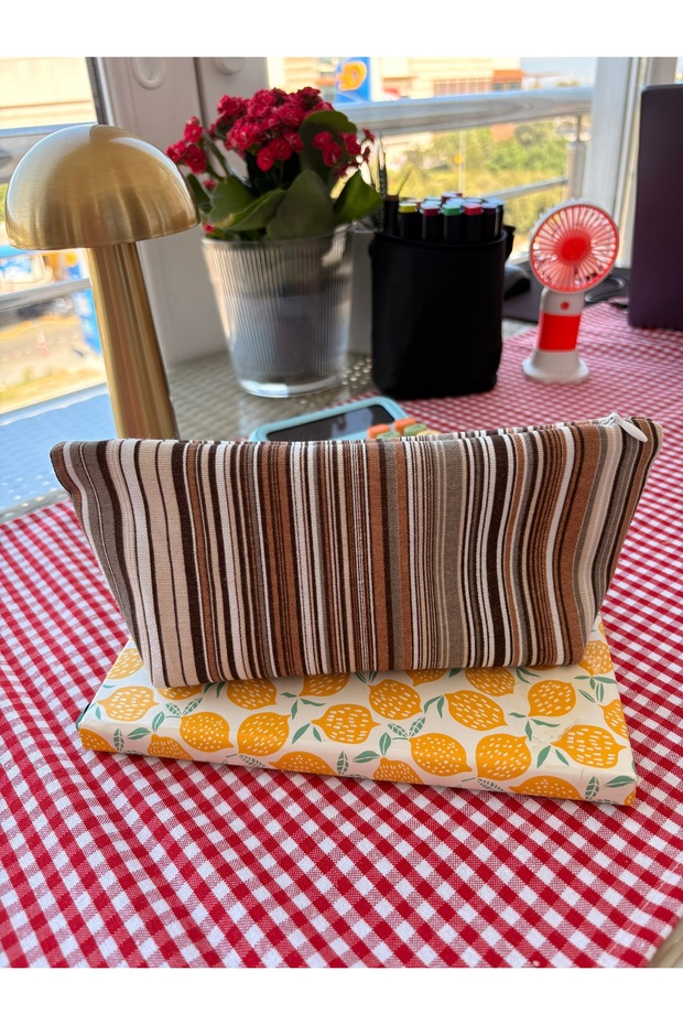Brown Striped Linen Fabric Pencil Case - Makeup Bag - Pencil Case