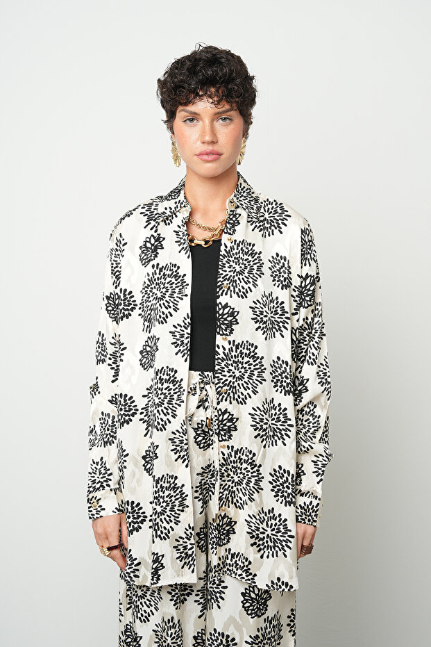 Women's Floral Patterned Black - White Oversized Shirt