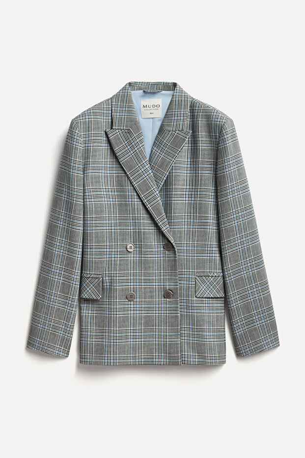 Women's Gray Plaid Oversized Blazer Jacket