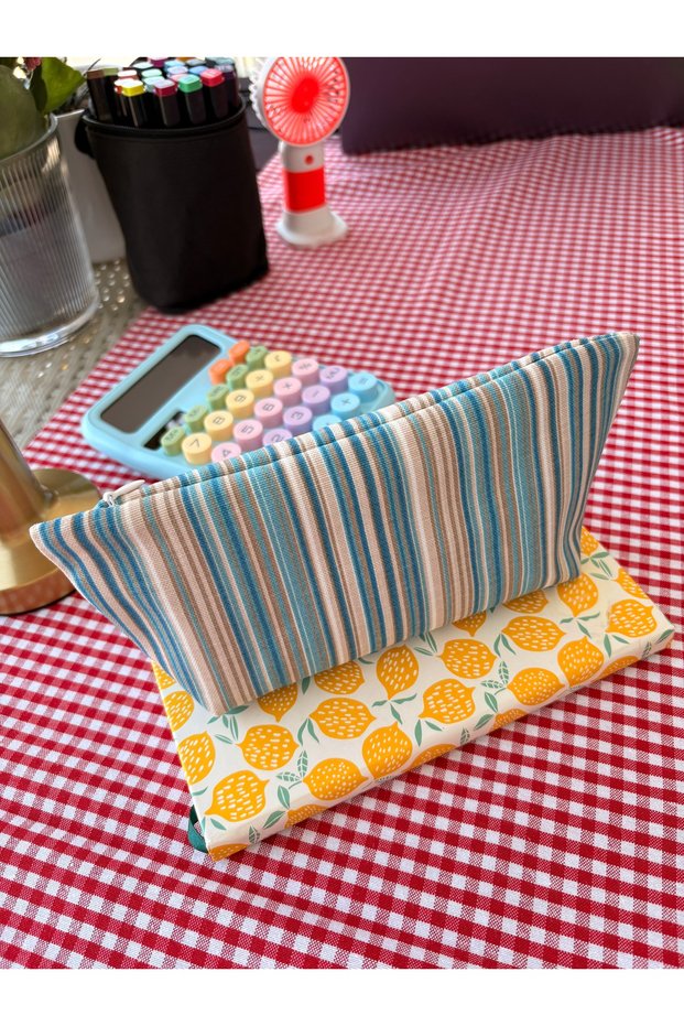 Blue Striped Linen Fabric Pencil Case - Makeup Bag - Pencil Case