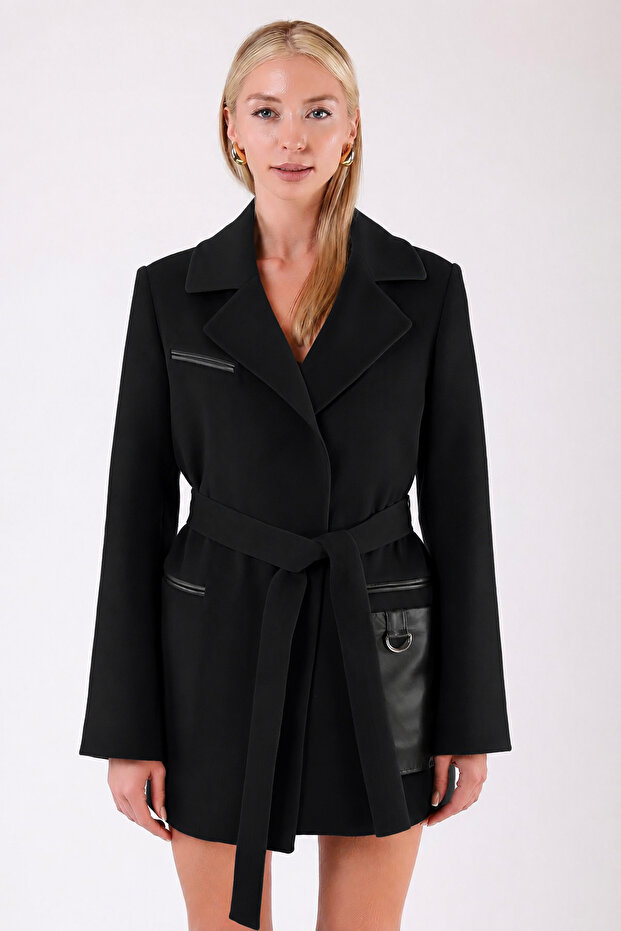 Black Leather Trimmed Cashmere Coat