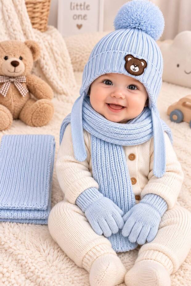 1-4 Years Old Baby Boy & Toddler Scarf, Hat, and Gloves 3-Piece Set