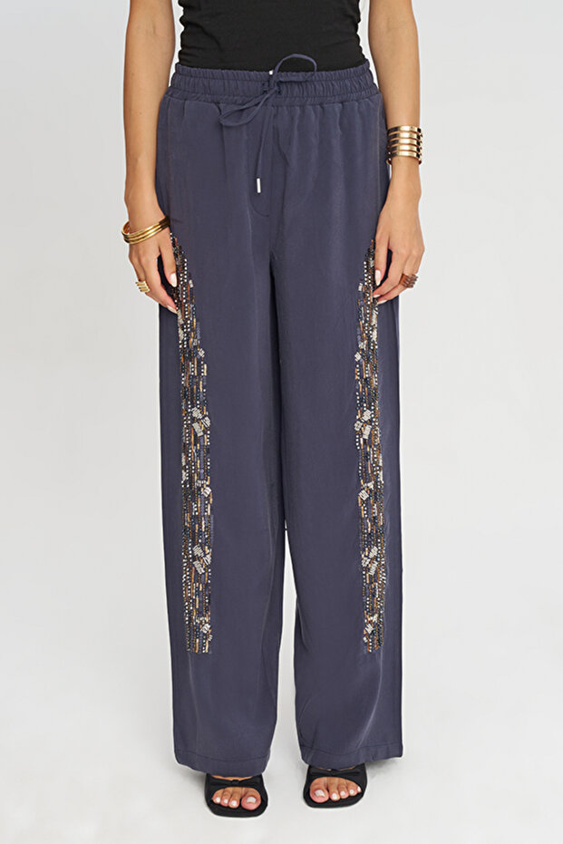 Women's Stylish Wide-Leg Pants with Sequin and Bead Embroidery on the Sides