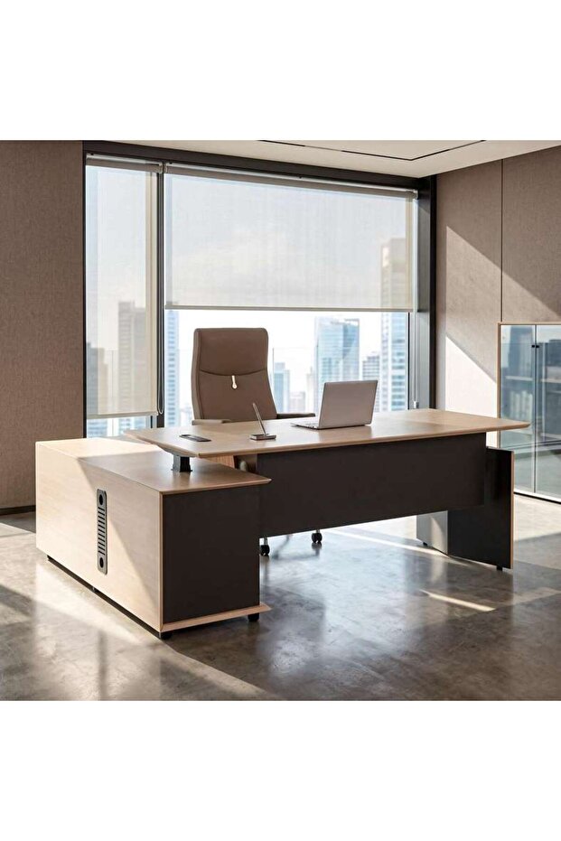 OLSON OFFICE DESK RIGHT SIDE RETURN ADJUSTABLE HEIGHT 200CM W X 70-120CM H -NATURAL & DARK GREY