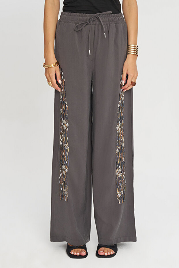 Women's Stylish Wide-Leg Pants with Sequin and Bead Embroidery on the Sides