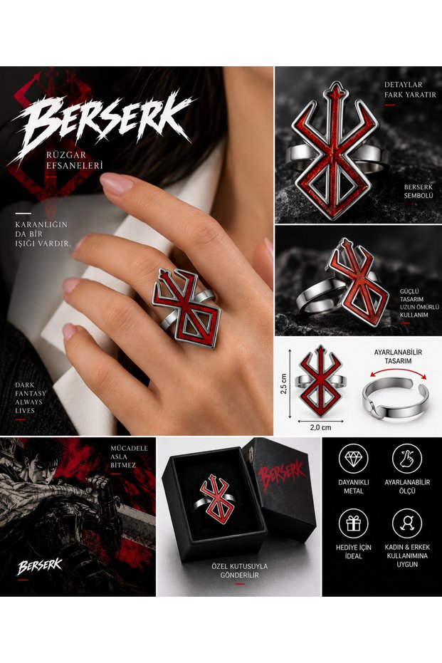 Berserk Wind Legends Symbol Adjustable Ring Red Silver Color Unisex