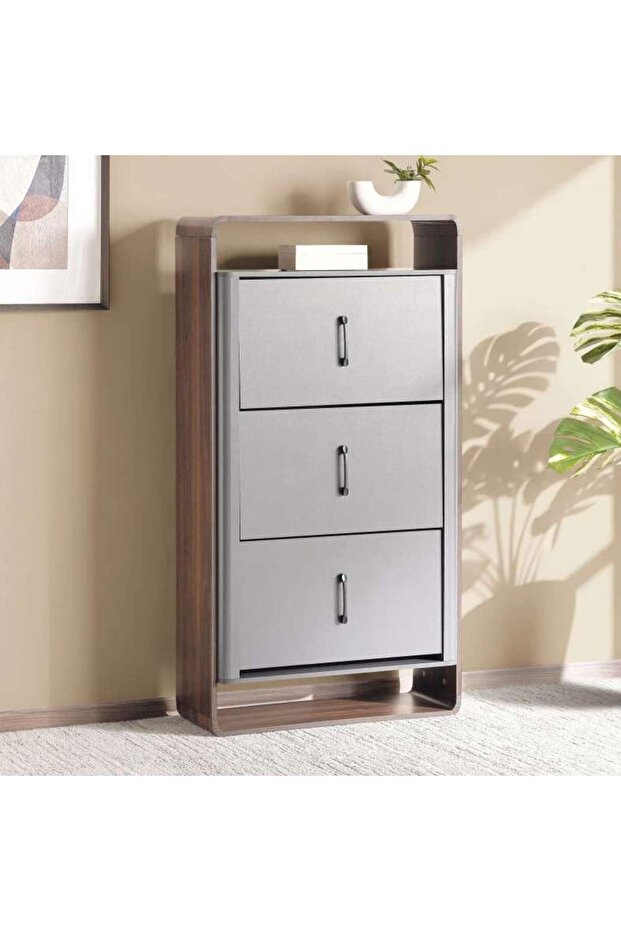 TINASH SHOE RACK 20 PAIRS WITH 3 DOOR - GREY & WALNUT