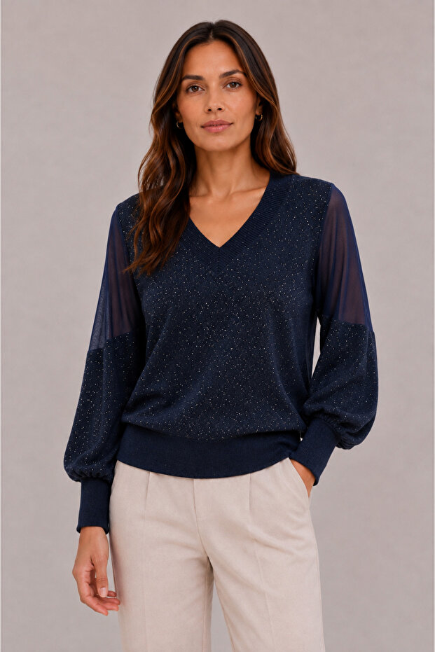 Women's V-Neck Balloon Sleeve Knitwear Sweater 27K12313-22