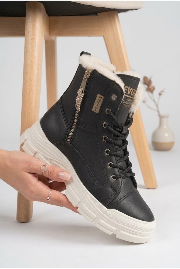 Women's Fur Lined Thick Serrated Sole Sneaker Boots with Lace-Up and Zipper, Warm and Comfortable Winter Boots