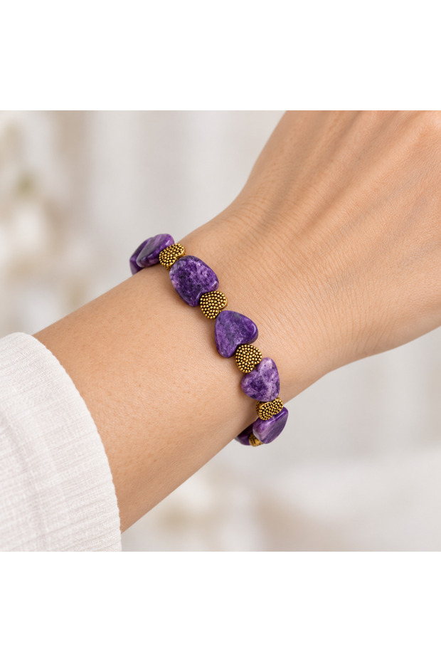 Purple Beaded Gold Detailed Bracelet – Stylish and Elegant Women's Accessory with Large Beads