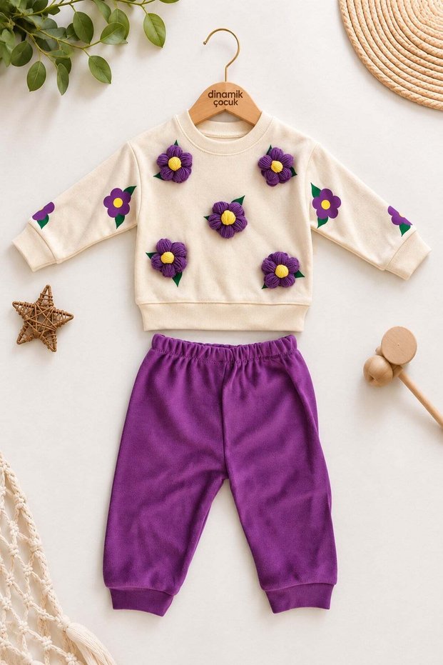 3D Floral Appliqué Baby Girl Sweatshirt and Sweatpants 2-Piece Seasonal Set 6-9-12-18 Months