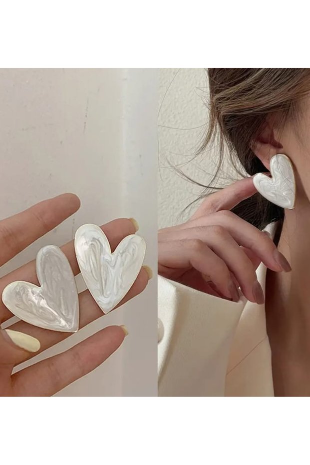 Xuping White Effect Big Heart Enamel Studded Earrings - Dazzling Non-Tarnish Anti-Allergic Colorfast Stylish Gift Women's Earrings