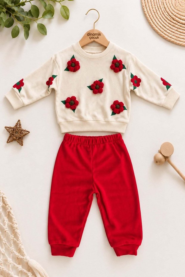3D Floral Appliqué Baby Girl Sweatshirt and Sweatpants 2-Piece Seasonal Set 6-9-12-18 Months