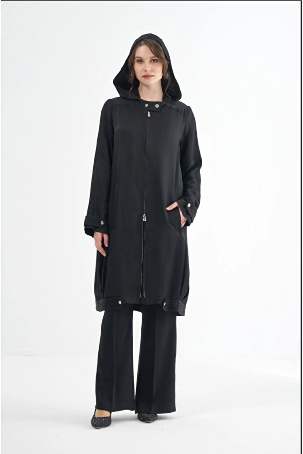 Ribbed-Sleeve Hooded Linen Coat
