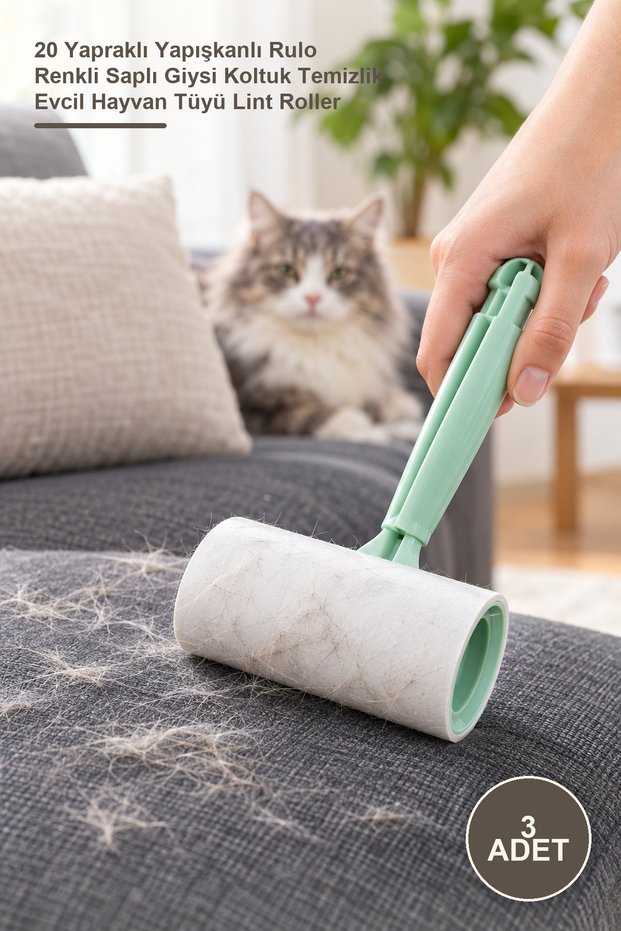 3 Pieces of Feather Dust Collection Rollers – 20 Sheets of Adhesive Rollers with Colorful Handles for Cleaning Clothes, Sofas, Pet Hair, and Lint.