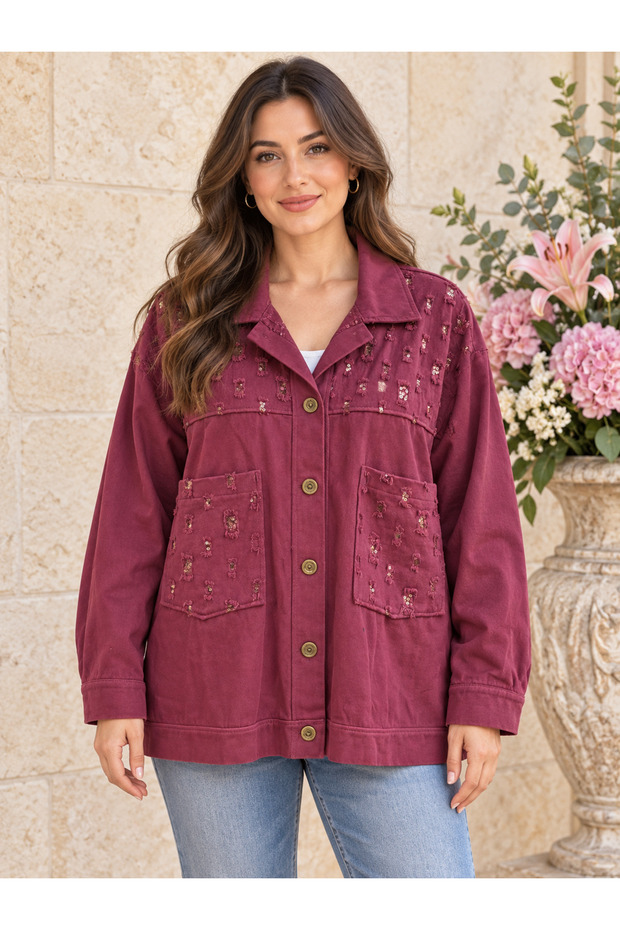 Women's Italian Gabardine Fabric Double Pocket Sequin Jacket 44-50