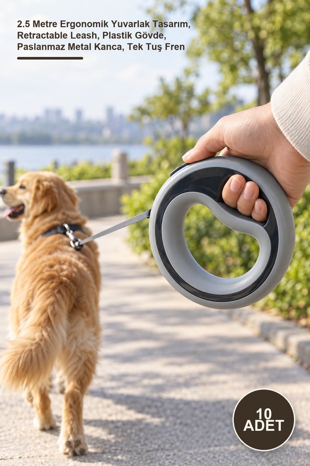 10 Pieces Automatic Dog Leash – 2.5 Meters Ergonomic Round Design, Retractable Leash, Plastic Body, Stainless Metal Hook, One-Key Brake