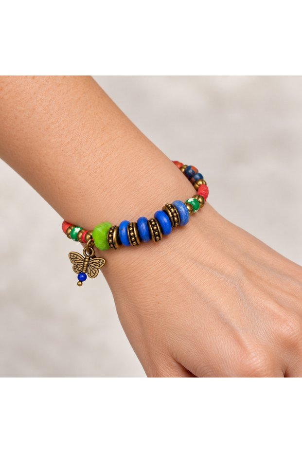 Red Blue Green Beaded Butterfly Figured Bracelet – Bronze Detailed Bohemian Accessory