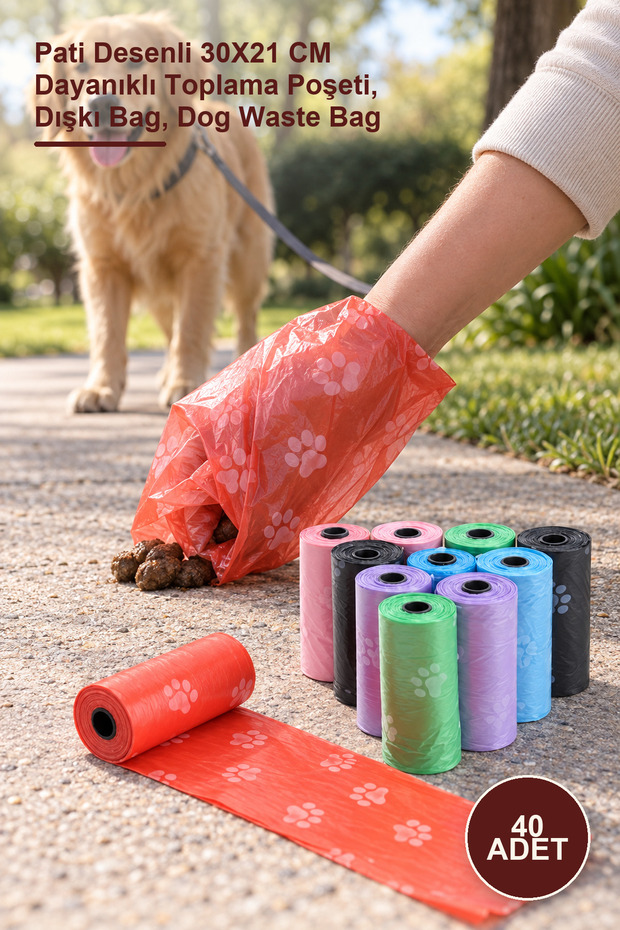 40 Pieces of Dog Poop Bags – Paw Patterned 30X21 cm Durable Collection Bag, Poop Bag, Dog Waste Bag