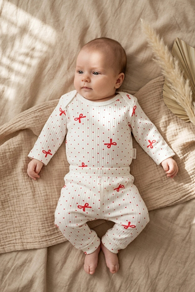 Red Bow Patterned Double Ribbed 100% Cotton Baby Girl Set 3-6-9 Months