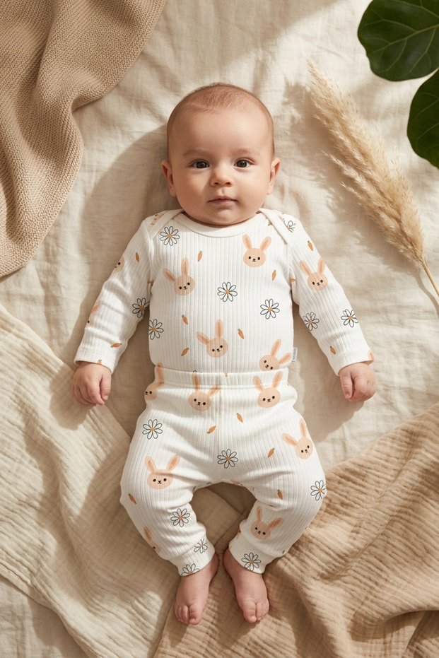 Mia Bunny 100% Cotton Ribbed Baby Girl Set - Salmon Rabbit Patterned Long Sleeve Bodysuit and Leggings Set