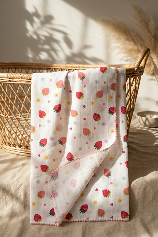 Strawberry Patterned Red Edge Piping Embroidered Cotton Muslin Baby Blanket 90*90 cm